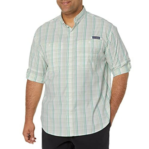 Columbia Men's Standard Super Tamiami Long Sleeve Shirt, Dark Lime Small Check, Large